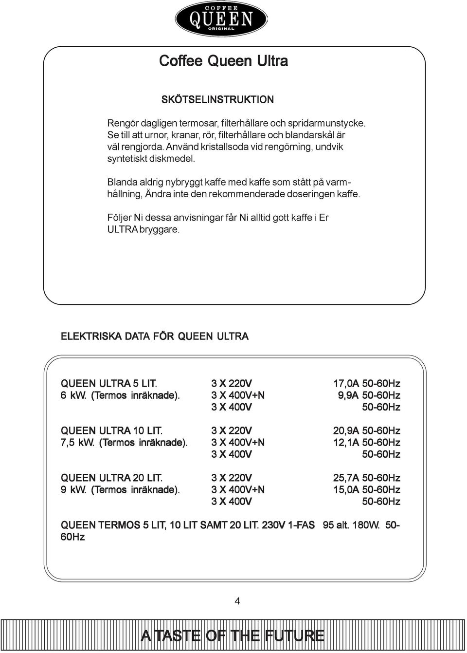 Följer Ni dessa anvisningar får Ni alltid gott kaffe i Er ULTRA bryggare. ELEKTRISKA DATA FÖR QUEEN ULTRA QUEEN ULTRA 5 LIT. 3 X 220V,0A 50-60Hz 6 kw.. (Termos inräknade).