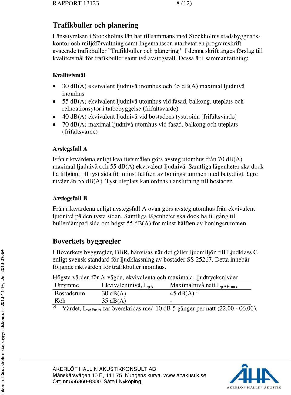 Dessa är i sammanfattning: Kvalitetsmål 30 db(a) ekvivalent ljudnivå inomhus och 45 db(a) maximal ljudnivå inomhus 55 db(a) ekvivalent ljudnivå utomhus vid fasad, balkong, uteplats och