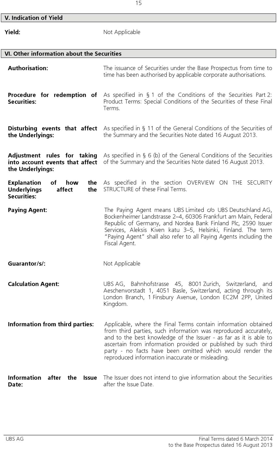 Procedure for redemption of Securities: As specified in 1 of the Conditions of the Securities Part 2: Product Terms: Special Conditions of the Securities of these Final Terms.