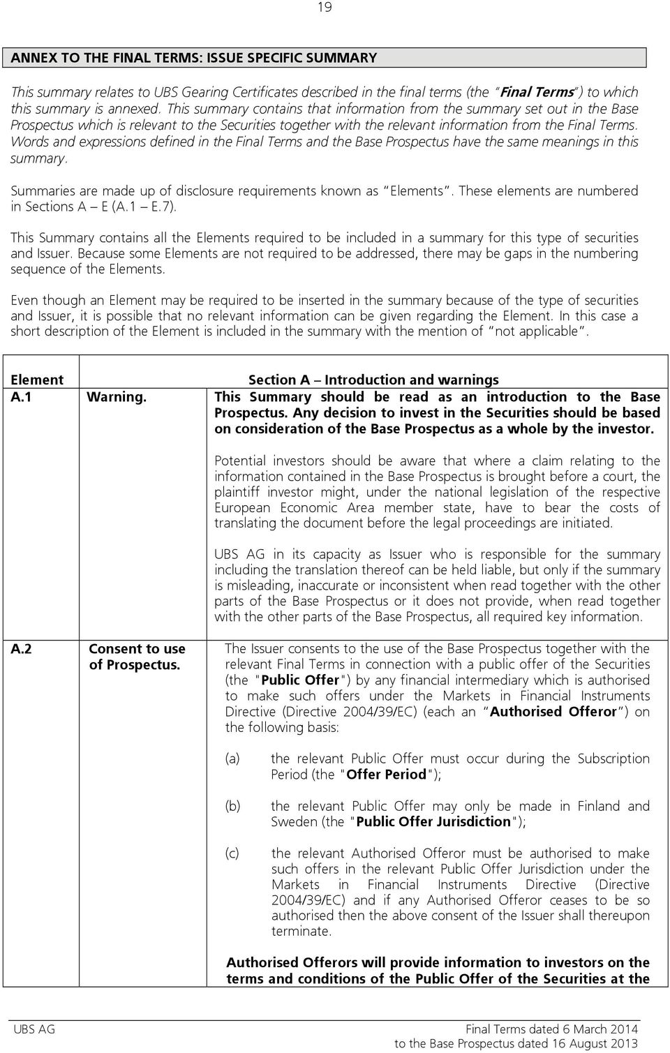 Words and expressions defined in the Final Terms and the Base Prospectus have the same meanings in this summary. Summaries are made up of disclosure requirements known as Elements.