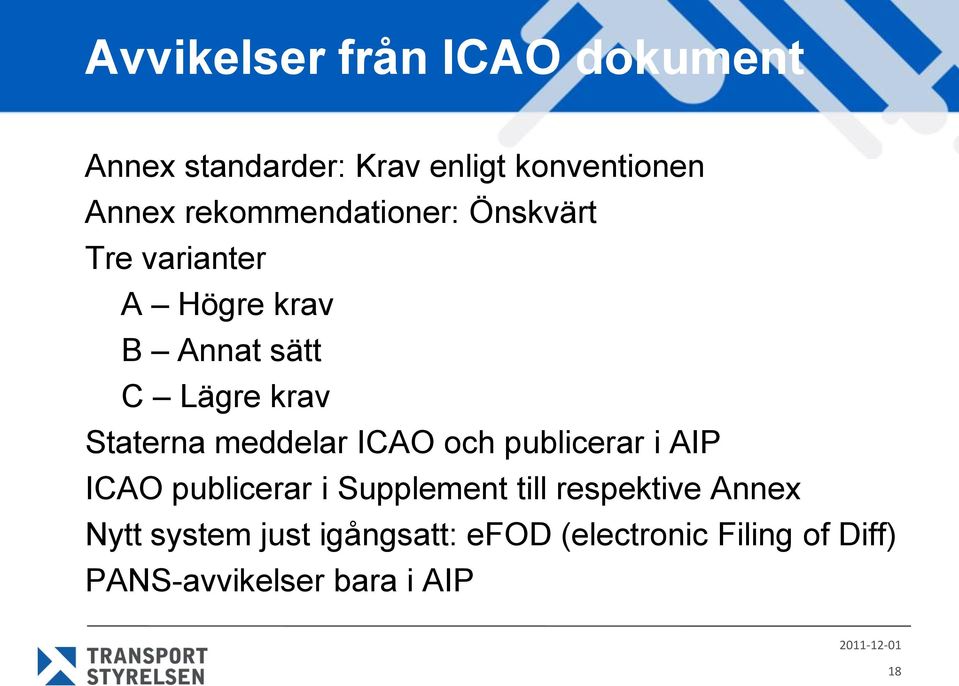 Staterna meddelar ICAO och publicerar i AIP ICAO publicerar i Supplement till