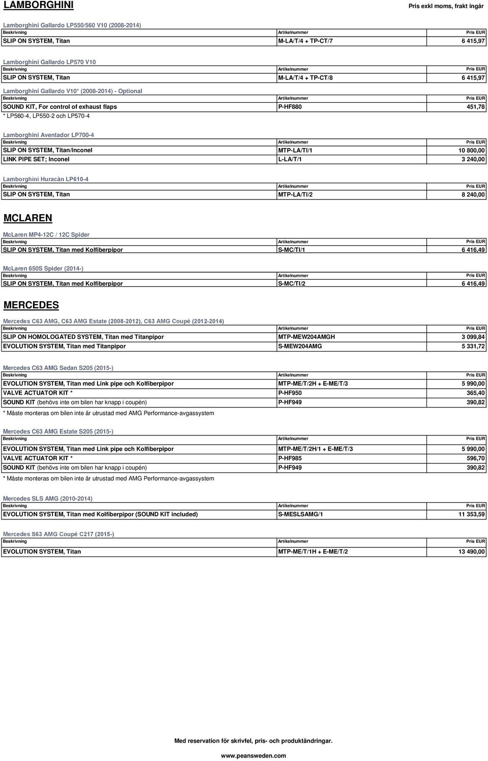 Titan/Inconel MTP-LA/TI/1 10 800,00 LINK PIPE SET; Inconel L-LA/T/1 3 240,00 Lamborghini Huracán LP610-4 SLIP ON SYSTEM, Titan MTP-LA/TI/2 8 240,00 MCLAREN McLaren MP4-12C / 12C Spider SLIP ON