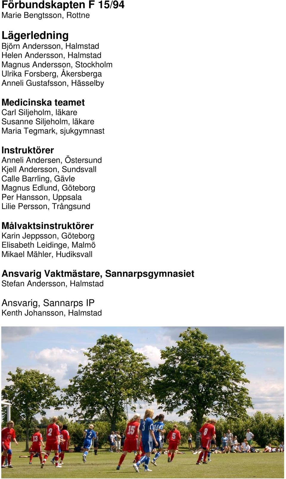 Östersund Kjell Andersson, Sundsvall Calle Barrling, Gävle Magnus Edlund, Göteborg Per Hansson, Uppsala Lilie Persson, Trångsund Målvaktsinstruktörer Karin Jeppsson,