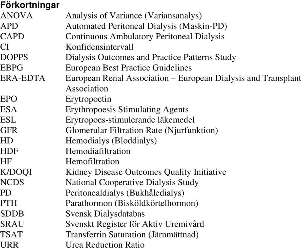 ESL Erytropoes-stimulerande läkemedel GFR Glomerular Filtration Rate (Njurfunktion) HD Hemodialys (Bloddialys) HDF Hemodiafiltration HF Hemofiltration K/DOQI Kidney Disease Outcomes Quality