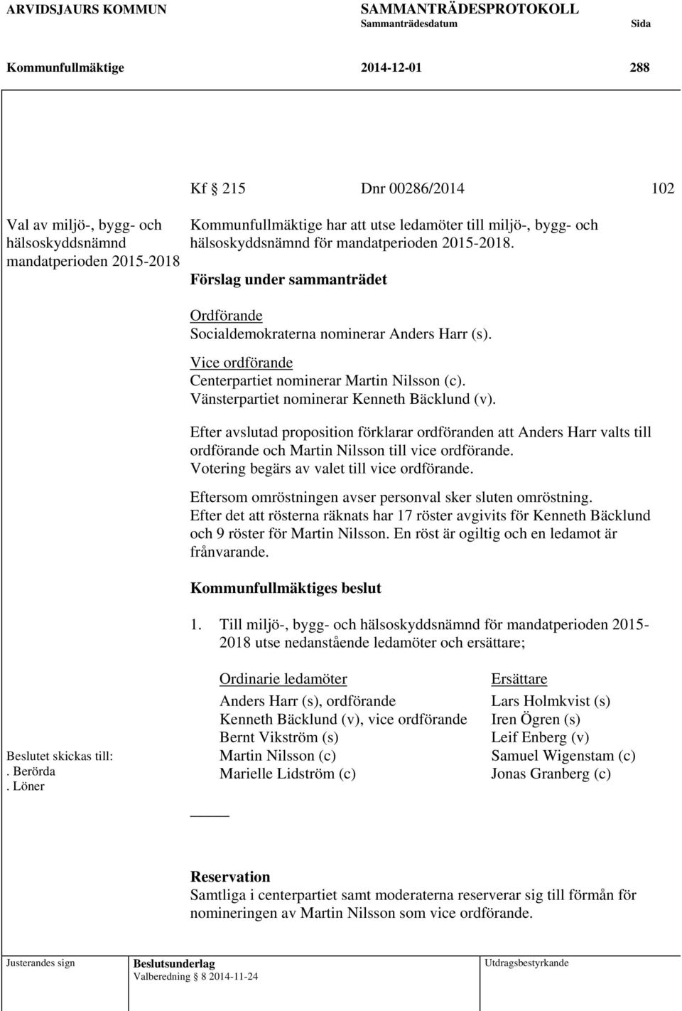 Vänsterpartiet nominerar Kenneth Bäcklund (v). Efter avslutad proposition förklarar ordföranden att Anders Harr valts till ordförande och Martin Nilsson till vice ordförande.