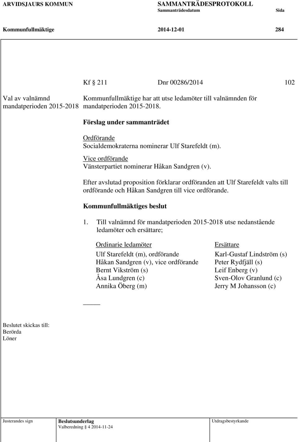 Efter avslutad proposition förklarar ordföranden att Ulf Starefeldt valts till ordförande och Håkan Sandgren till vice ordförande. 1.