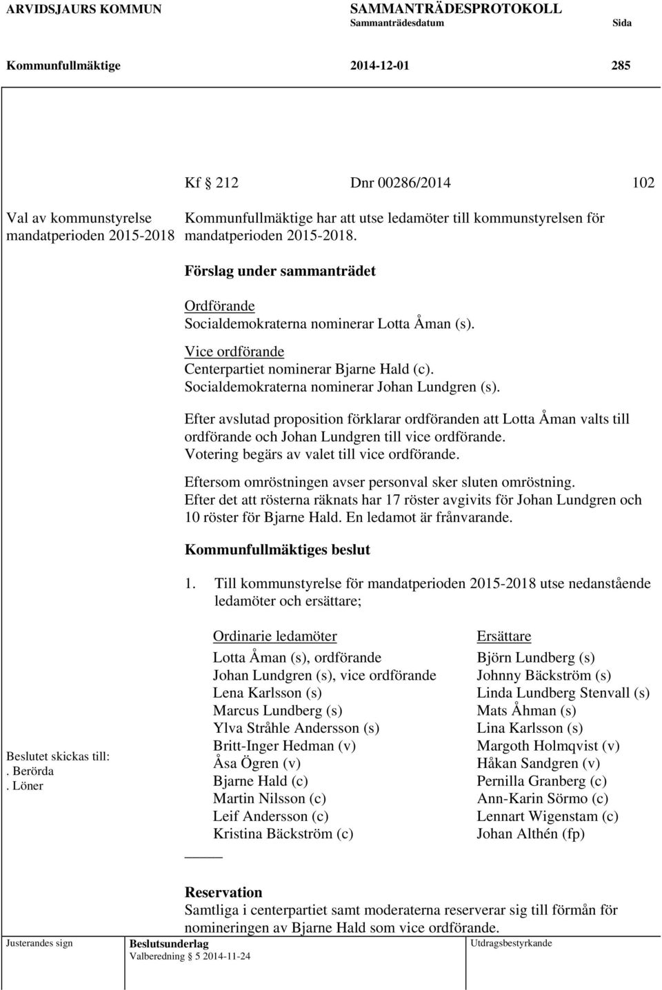 Efter avslutad proposition förklarar ordföranden att Lotta Åman valts till ordförande och Johan Lundgren till vice ordförande. Votering begärs av valet till vice ordförande.