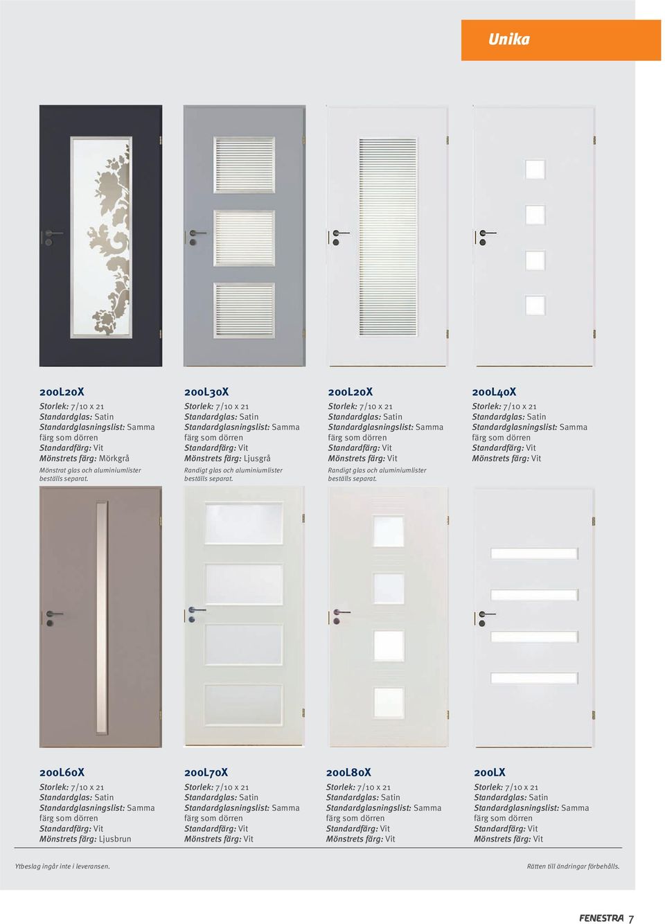 Standardglas: Satin Standardglasningslist: Samma färg som dörren Mönstrets färg: Vit Randigt glas och aluminiumlister beställs separat.