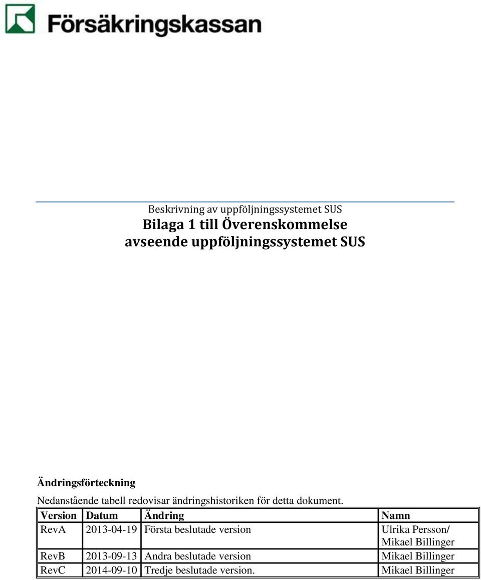 Version Datum Ändring Namn RevA 2013-04-19 Första beslutade version Ulrika Persson/ Mikael Billinger