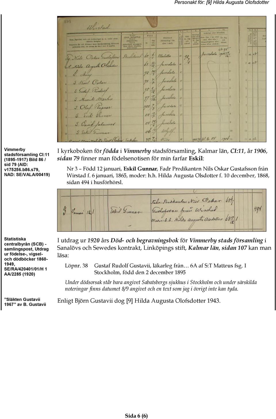 Fadr Predikanten Nils Oskar Gustafsson från Wirstad f. 6 januari, 1865, moder: h.h. Hilda Augusta Olsdotter f. 10 december, 1868, sidan 494 i husförhörsl. AA/2285 (1920) Släkten Gustavii 1967 av B.