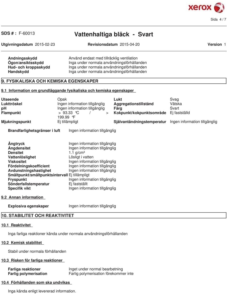 1 Information om grundläggande fysikaliska och kemiska egenskaper Utseende Opak Lukt Svag Lukttröskel Aggregationstillstånd Vätska ph Färg Svart Flampunkt > 93.