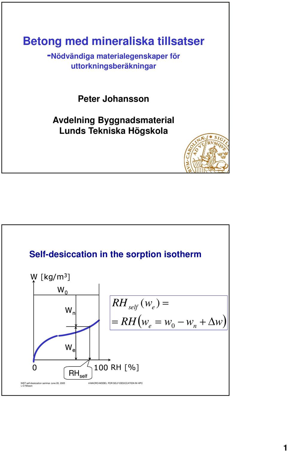 Self-desiccation in the sorption isotherm W [kg/m 3 ] W 0 W n self ( e e ) 0 n W e 0 100