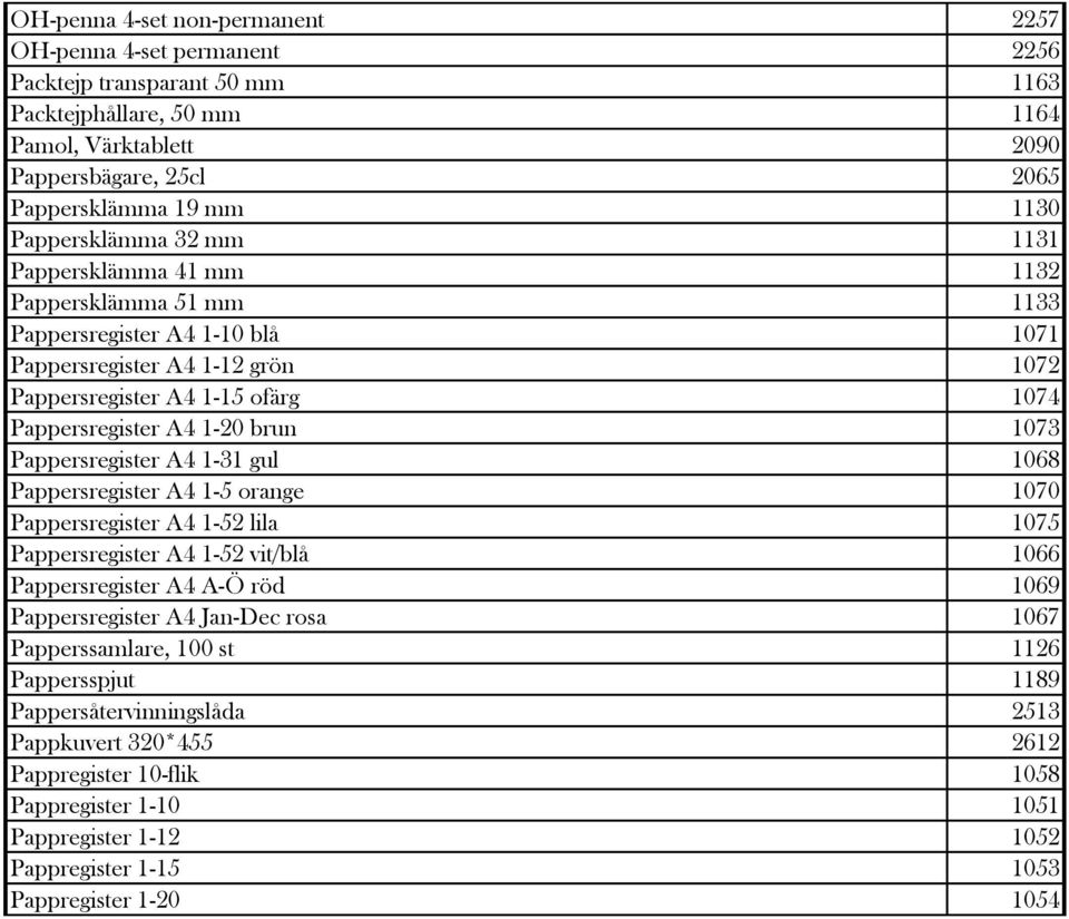 1-20 brun 1073 Pappersregister A4 1-31 gul 1068 Pappersregister A4 1-5 orange 1070 Pappersregister A4 1-52 lila 1075 Pappersregister A4 1-52 vit/blå 1066 Pappersregister A4 A-Ö röd 1069