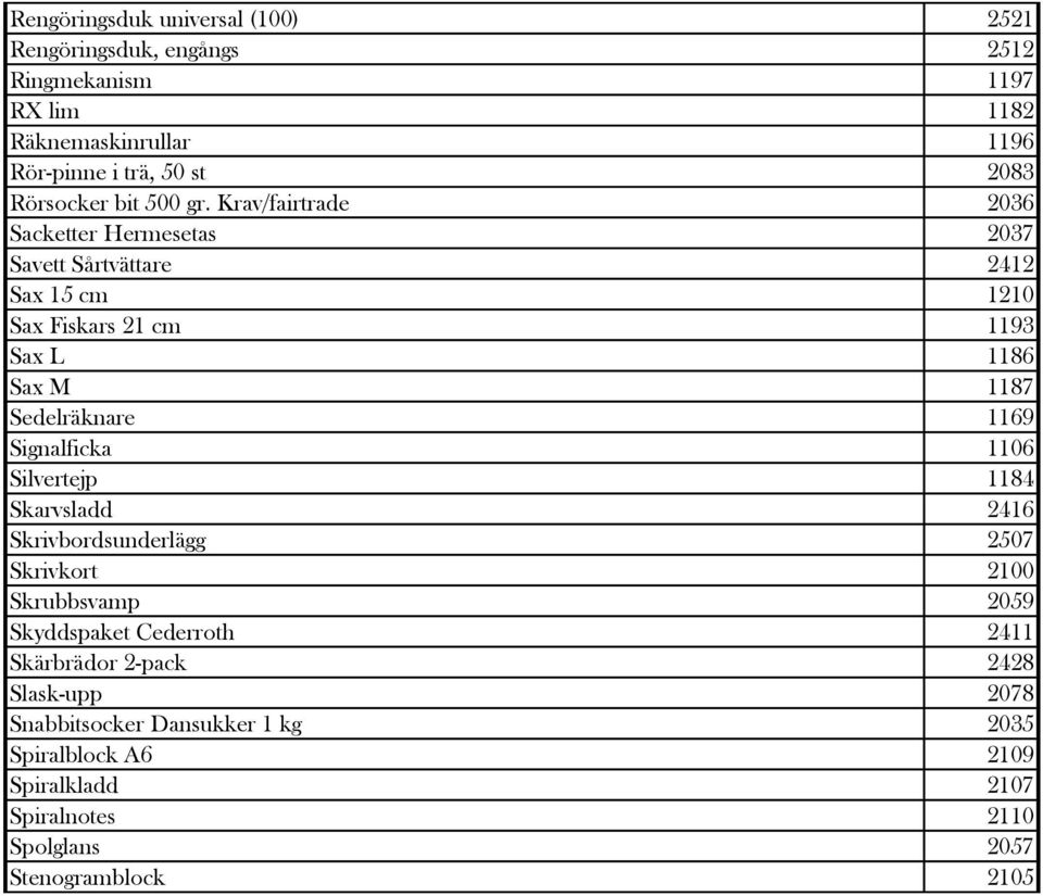 Krav/fairtrade 2036 Sacketter Hermesetas 2037 Savett Sårtvättare 2412 Sax 15 cm 1210 Sax Fiskars 21 cm 1193 Sax L 1186 Sax M 1187 Sedelräknare 1169