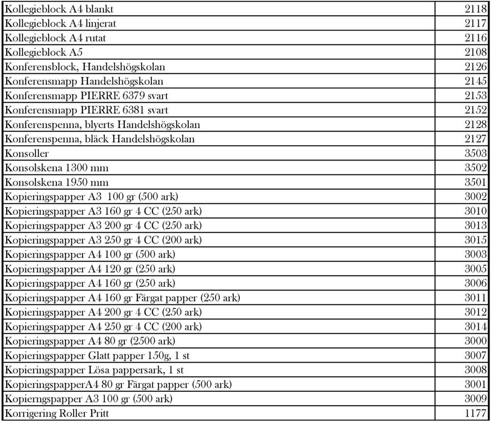 Konsolskena 1950 mm 3501 Kopieringspapper A3 100 gr (500 ark) 3002 Kopieringspapper A3 160 gr 4 CC (250 ark) 3010 Kopieringspapper A3 200 gr 4 CC (250 ark) 3013 Kopieringspapper A3 250 gr 4 CC (200