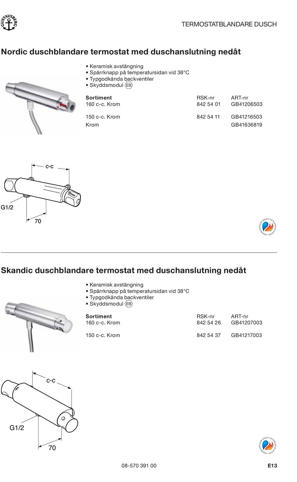 Krom 842 54 11 GB41216503 Krom GB41636819 Skandic duschblandare termostat med duschanslutning nedåt Keramisk avstängning