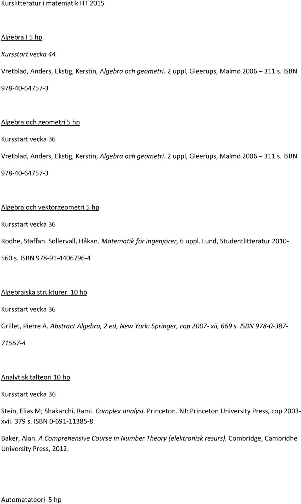 ISBN 978-40-64757-3 Algebra och vektorgeometri 5 hp Rodhe, Staffan. Sollervall, Håkan. Matematik för ingenjörer, 6 uppl. Lund, Studentlitteratur 2010-560 s.