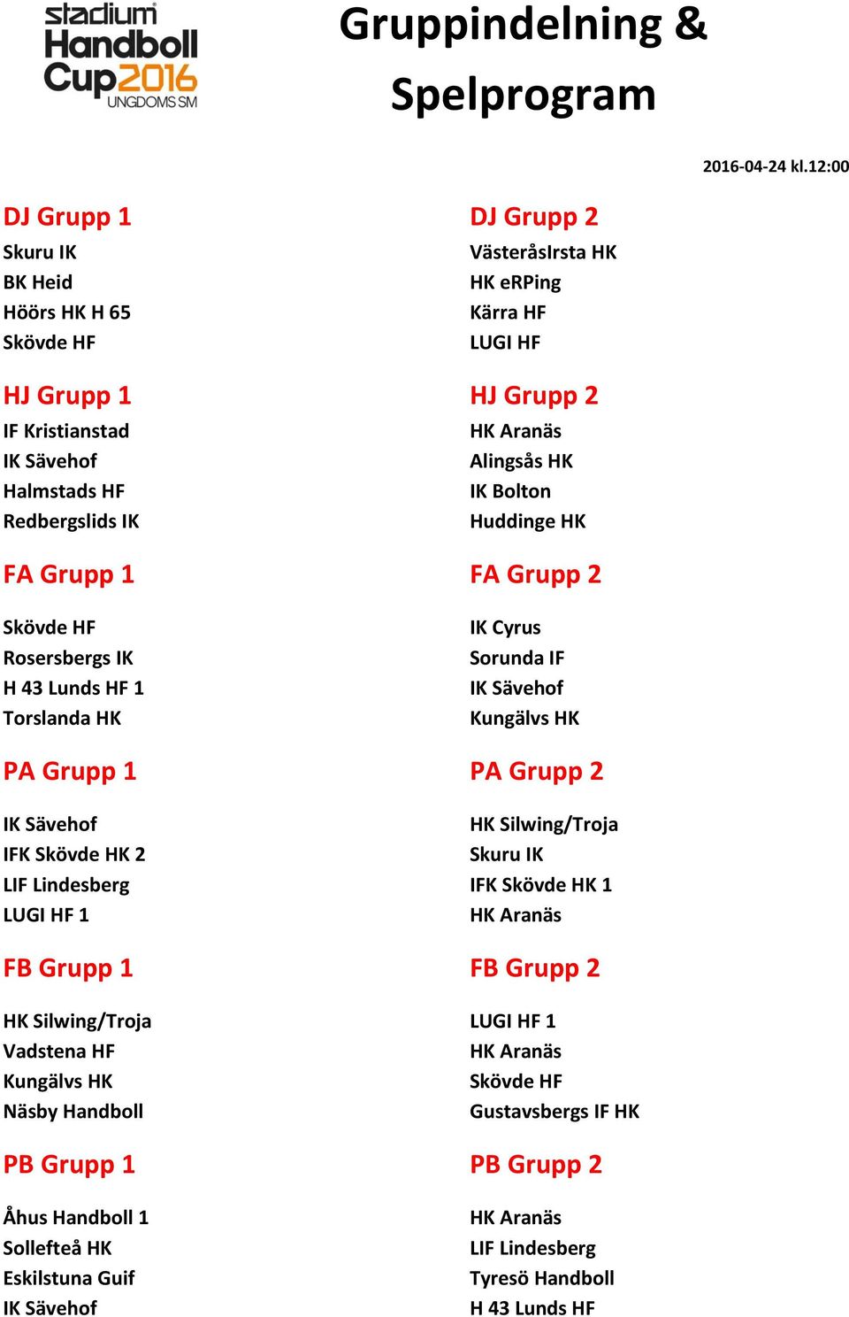 12:00 Rosersbergs IK H 43 Lunds HF 1 Torslanda HK IK Cyrus Sorunda IF Kungälvs HK PA Grupp 1 PA Grupp 2 HK Silwing/Troja IFK Skövde HK 2 Skuru IK LIF Lindesberg IFK