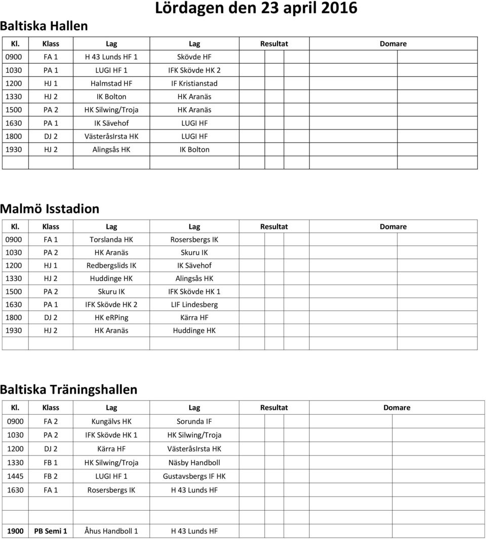 Skuru IK IFK Skövde HK 1 1630 PA 1 IFK Skövde HK 2 LIF Lindesberg 1800 DJ 2 HK erping Kärra HF 1930 HJ 2 Huddinge HK 0900 FA 2 Kungälvs HK Sorunda IF 1030 PA 2 IFK Skövde HK 1 HK Silwing/Troja