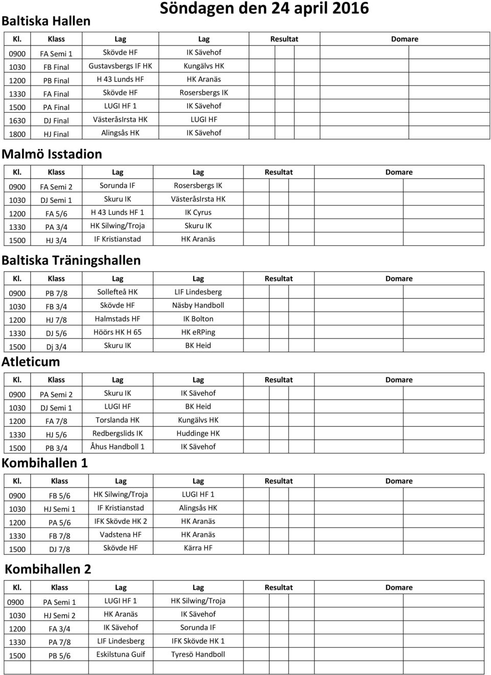 3/4 IF Kristianstad 0900 PB 7/8 Sollefteå HK LIF Lindesberg 1030 FB 3/4 Näsby Handboll 1200 HJ 7/8 Halmstads HF IK Bolton 1330 DJ 5/6 Höörs HK H 65 HK erping 1500 Dj 3/4 Skuru IK BK Heid Atleticum