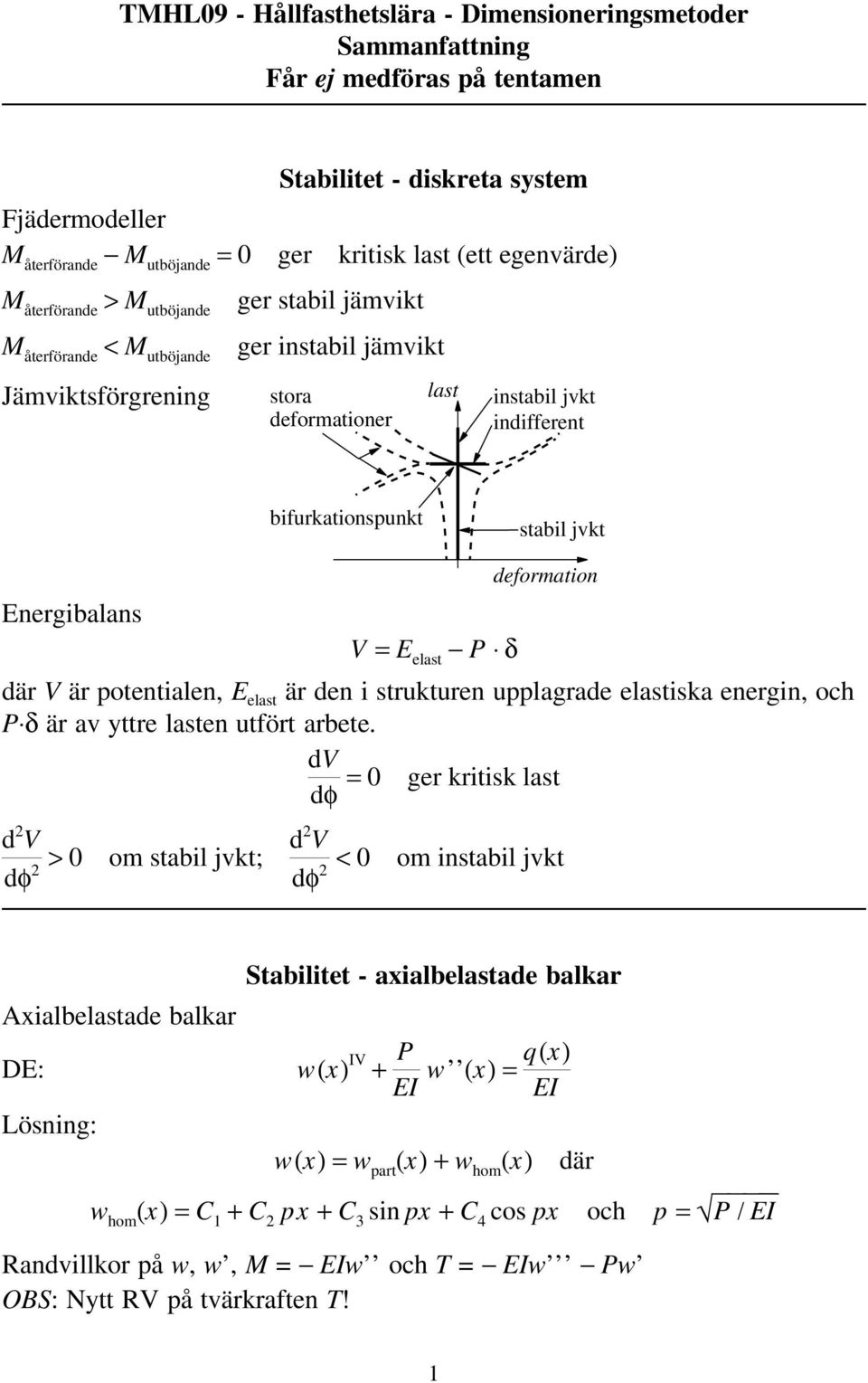 stabil jvkt deformation Energibalans V = E elast P δ V är potentialen, E elast är den i strukturen upplagrade elastiska energin, och P δ är av yttre lasten utfört arbete.