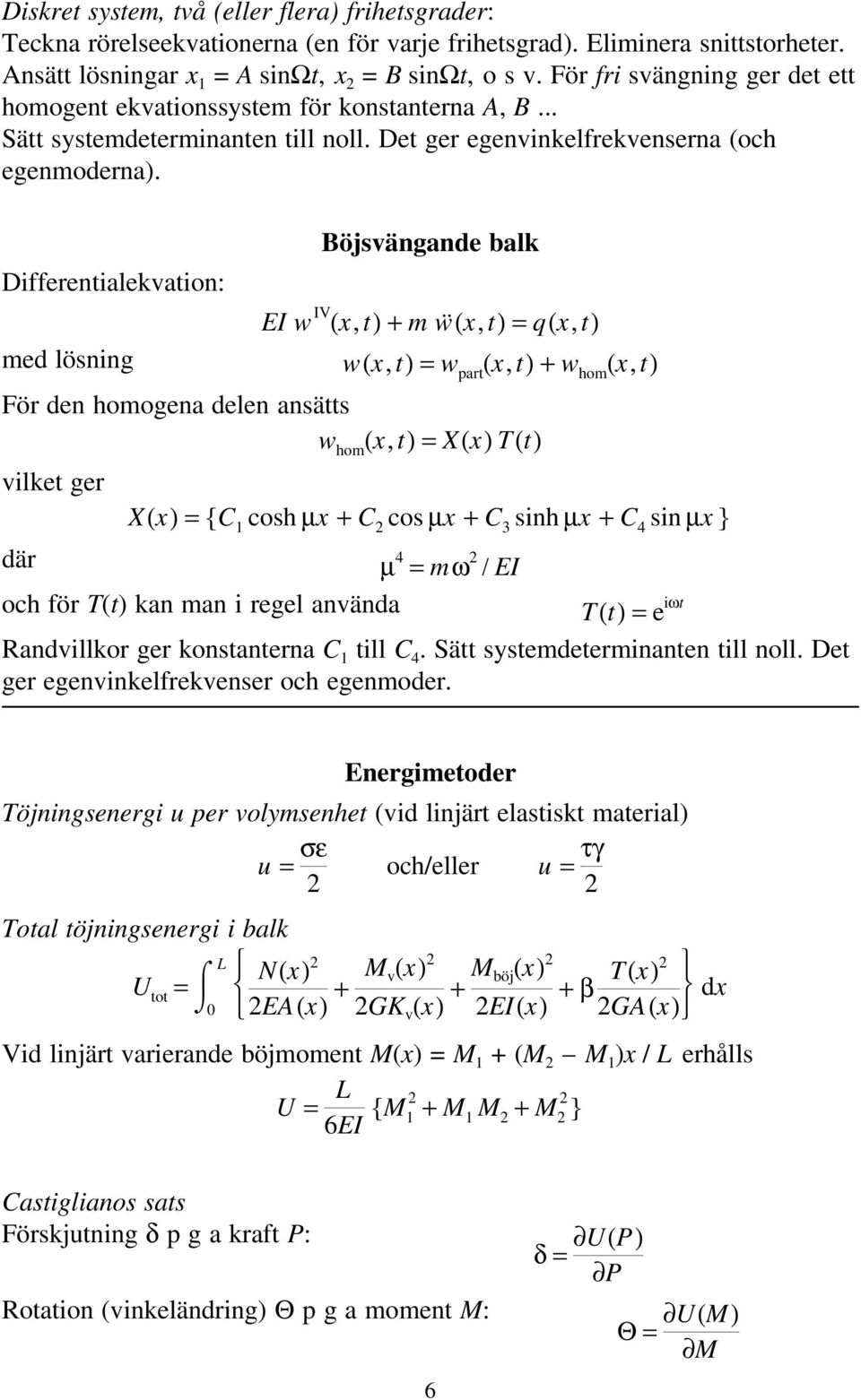 Böjsvängande balk Differentialekvation: EI w IV (x, t)+mẅ(x, t)=q(x, t) med lösning w(x, t)=w part (x, t)+w hom (x, t) För den homogena delen ansätts w hom (x, t)=x(x) T(t) vilket ger X(x)={C cosh µx