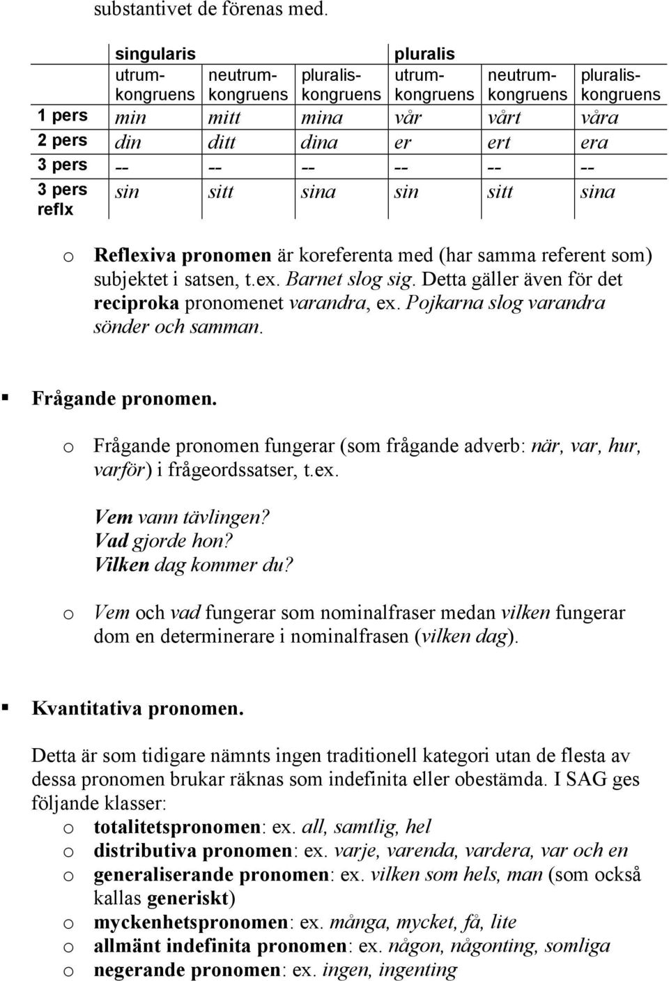 -- -- -- -- 3 pers reflx sin sitt sina sin sitt sina o Reflexiva pronomen är koreferenta med (har samma referent som) subjektet i satsen, t.ex. Barnet slog sig.