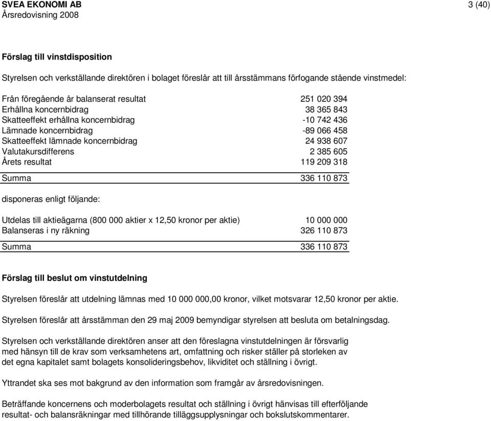 Valutakursdifferens 2 385 605 Årets resultat 119 209 318 Summa 336 110 873 disponeras enligt följande: Utdelas till aktieägarna (800 000 aktier x 12,50 kronor per aktie) 10 000 000 Balanseras i ny