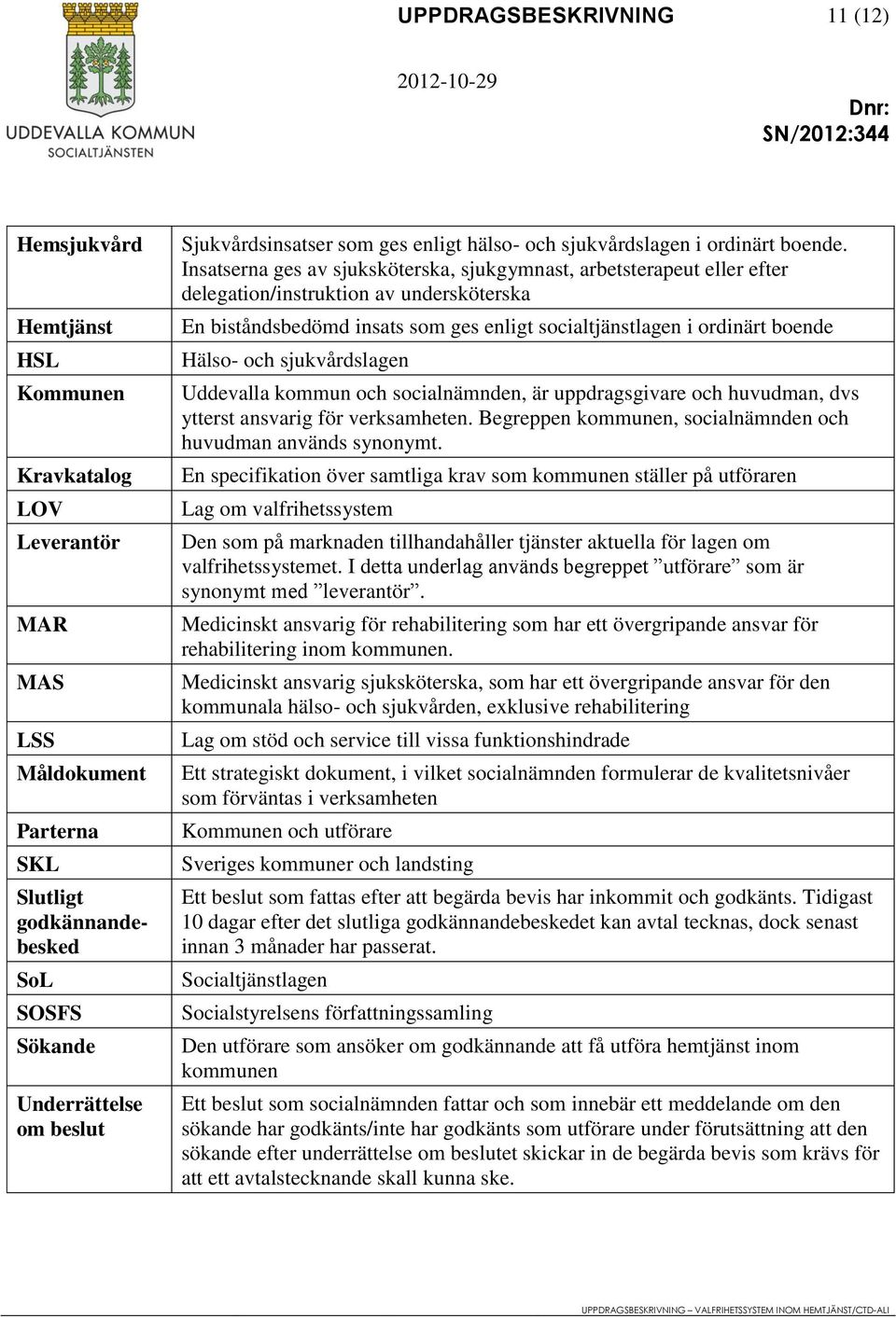 Insatserna ges av sjuksköterska, sjukgymnast, arbetsterapeut eller efter delegation/instruktion av undersköterska En biståndsbedömd insats som ges enligt socialtjänstlagen i ordinärt boende Hälso-