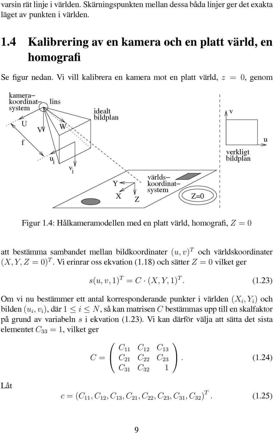 4: Hålkameramodellen med en platt värld, homograf, Z =0 att bestämma sambandet mellan bldkoordnater (u, v) T och världskoordnater (X, Y, Z =0) T. V ernrar oss ekvaton (1.