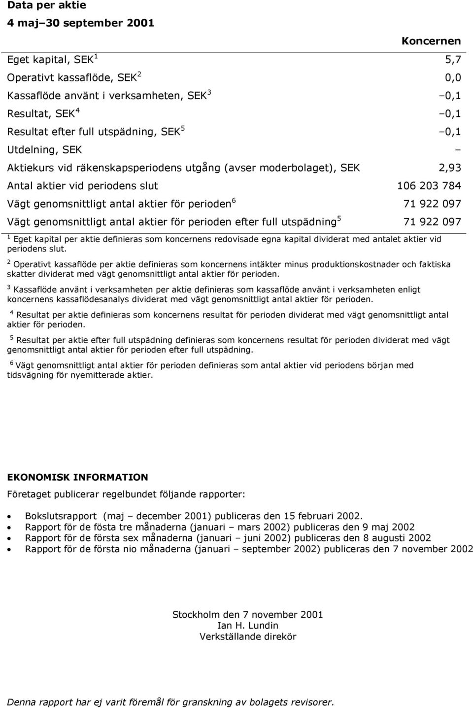 6 71 922 097 Vägt genomsnittligt antal aktier för perioden efter full utspädning 5 71 922 097 1 Eget kapital per aktie definieras som koncernens redovisade egna kapital dividerat med antalet aktier