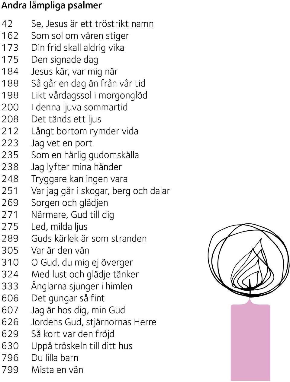 Tryggare kan ingen vara 251 Var jag går i skogar, berg och dalar 269 Sorgen och glädjen 271 Närmare, Gud till dig 275 Led, milda ljus 289 Guds kärlek är som stranden 305 Var är den vän 310 O Gud, du