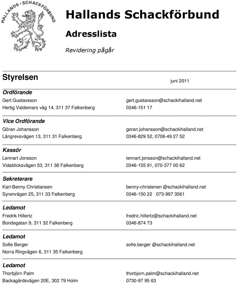 net Långrevsvägen 13, 311 31 Falkenberg 0346-829 52, 0706-49 27 52 Lennart Jonsson lennart.jonsson@schackihalland.