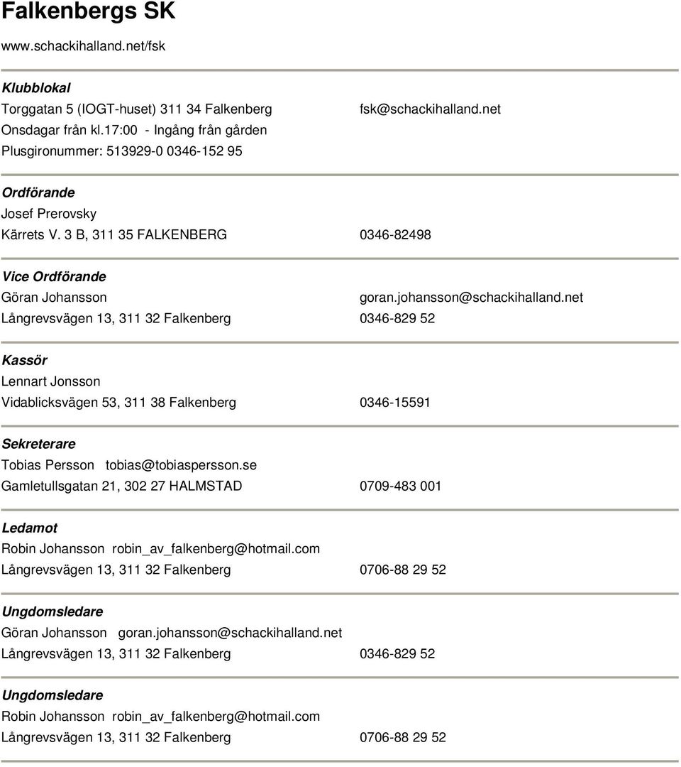 net Långrevsvägen 13, 311 32 Falkenberg 0346-829 52 Lennart Jonsson Vidablicksvägen 53, 311 38 Falkenberg 0346-15591 Tobias Persson tobias@tobiaspersson.