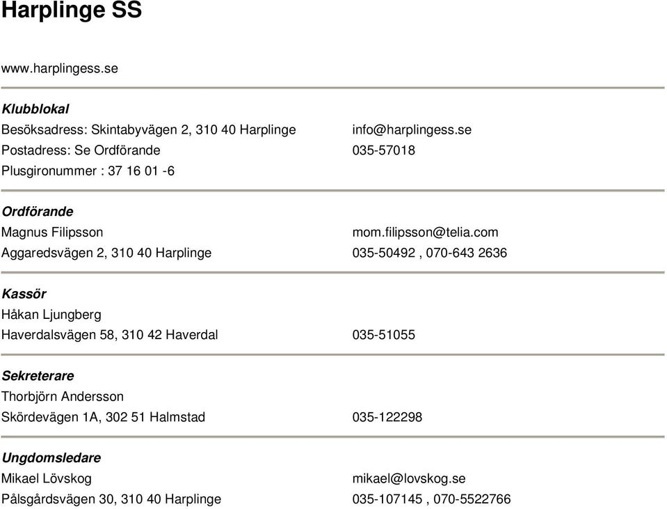 com Aggaredsvägen 2, 310 40 Harplinge 035-50492, 070-643 2636 Håkan Ljungberg Haverdalsvägen 58, 310 42 Haverdal