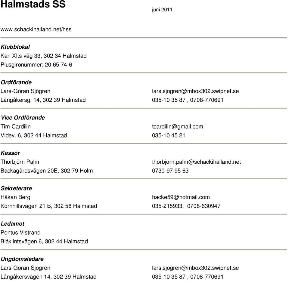 6, 302 44 Halmstad 035-10 45 21 Thorbjörn Palm thorbjorn.palm@schackihalland.net Backagårdsvägen 20E, 302 79 Holm 0730-97 95 63 Håkan Berg hacke59@hotmail.