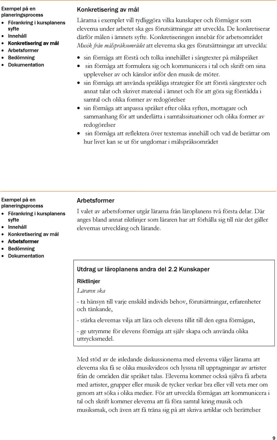 Konkretiseringen innebär för arbetsområdet Musik från målspråksområdet att eleverna ska ges förutsättningar att utveckla: sin förmåga att förstå och tolka innehållet i sångtexter på målspråket sin