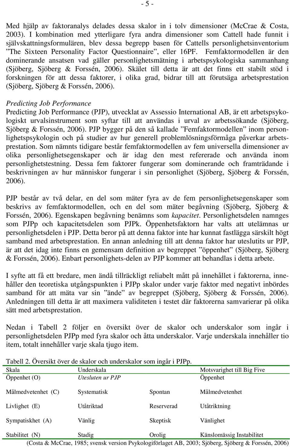 Questionnaire, eller 16PF. Femfaktormodellen är den dominerande ansatsen vad gäller personlighetsmätning i arbetspsykologiska sammanhang (Sjöberg, Sjöberg & Forssén, 2006).
