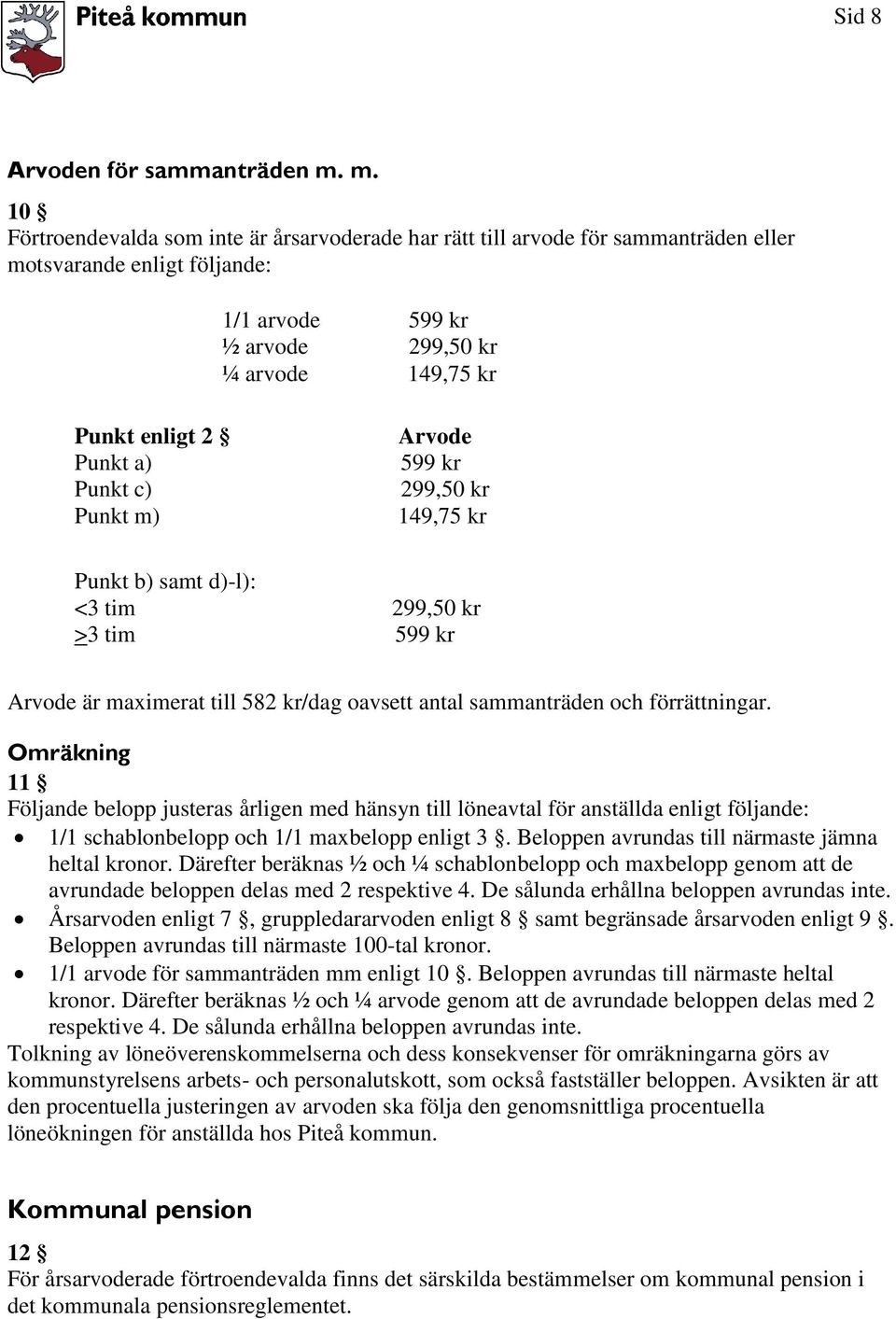 a) Punkt c) Punkt m) Arvode 599 kr 299,50 kr 149,75 kr Punkt b) samt d)-l): <3 tim 299,50 kr >3 tim 599 kr Arvode är maximerat till 582 kr/dag oavsett antal sammanträden och förrättningar.