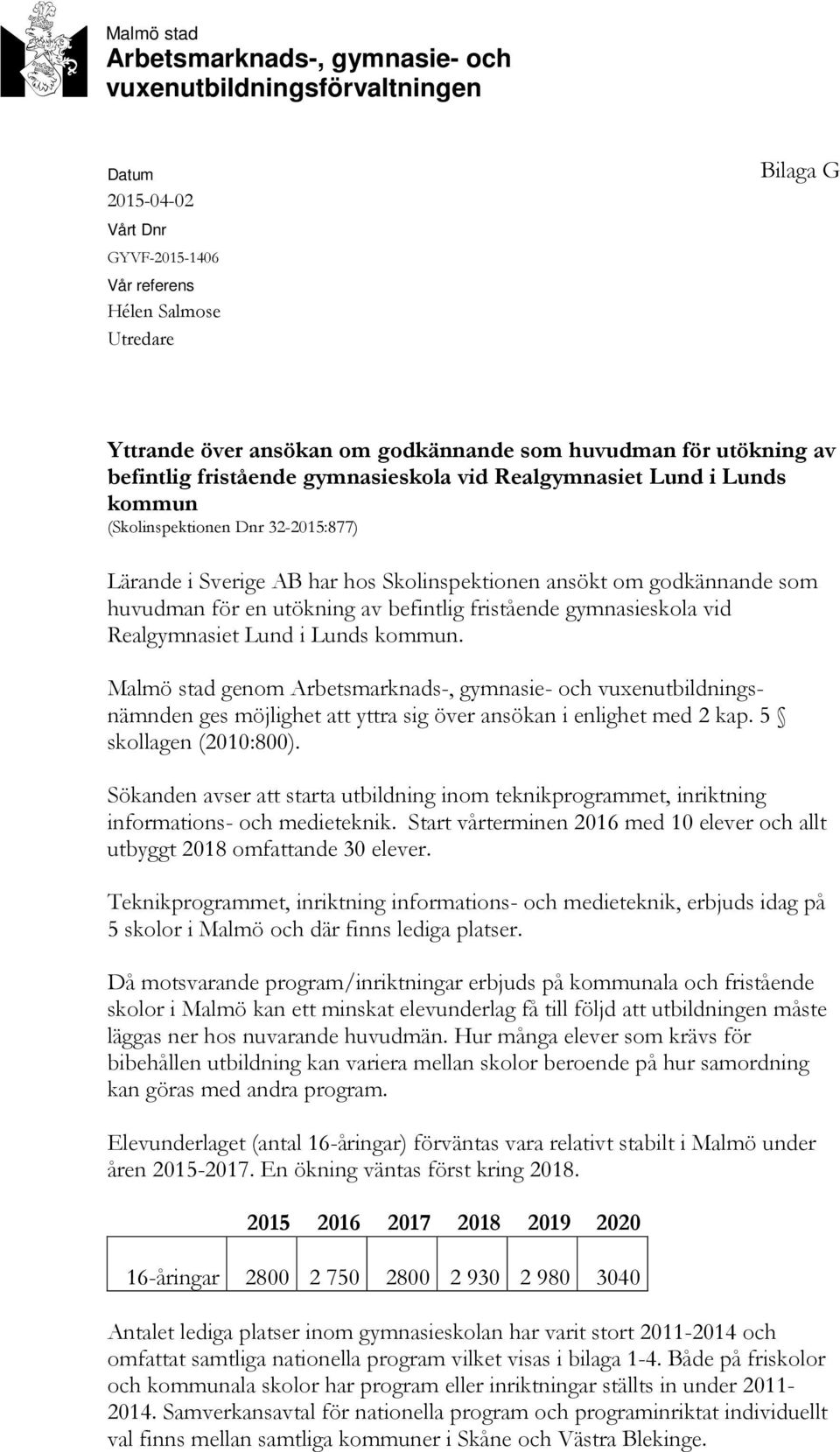 godkännande som huvudman för en utökning av befintlig fristående gymnasieskola vid Realgymnasiet Lund i Lunds kommun.