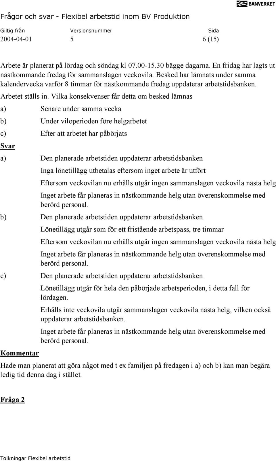 Vilka konsekvenser får detta om besked lämnas a) Senare under samma vecka b) Under viloperioden före helgarbetet c) Efter att arbetet har påbörjats a) Den planerade arbetstiden uppdaterar