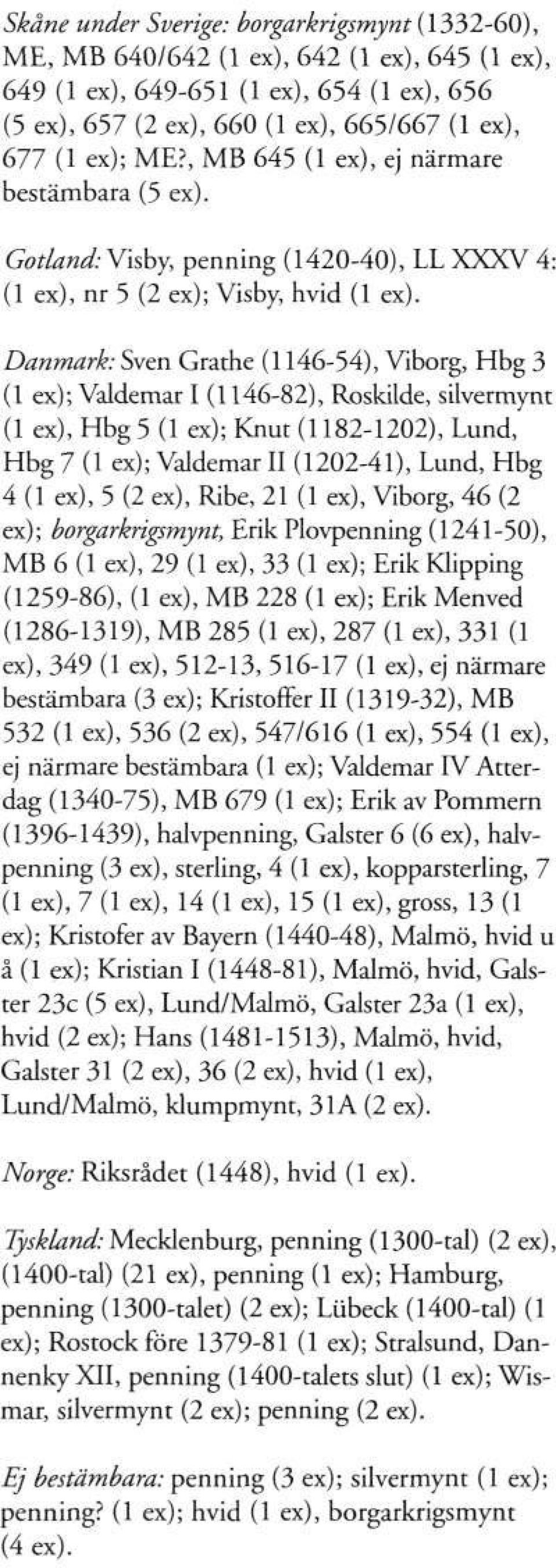 Danmark: Sven Grathe (1146-54), Viborg, Hbg 3 (1 ex); Valdemar I (1146-82), Roskilde, silvermynt (1 ex), Hbg 5 (1 ex); Knut (1182-1202), Lund, Hbg 7 (1 ex); Valdemar II (1202-41), Lund, Hbg 4 (1 ex),