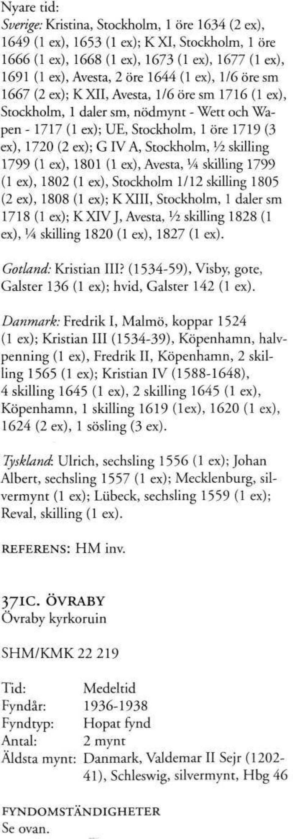 skilling 1799 (1 ex), 1801 (1 ex), Avesta, VA skilling 1799 (1 ex), 1802 (1 ex), Stockholm 1/12 skilling 1805 (2 ex), 1808 (1 ex); KXIII, Stockholm, 1 daler sm 1718 (1 ex); K XIV J, Avesta, Vi