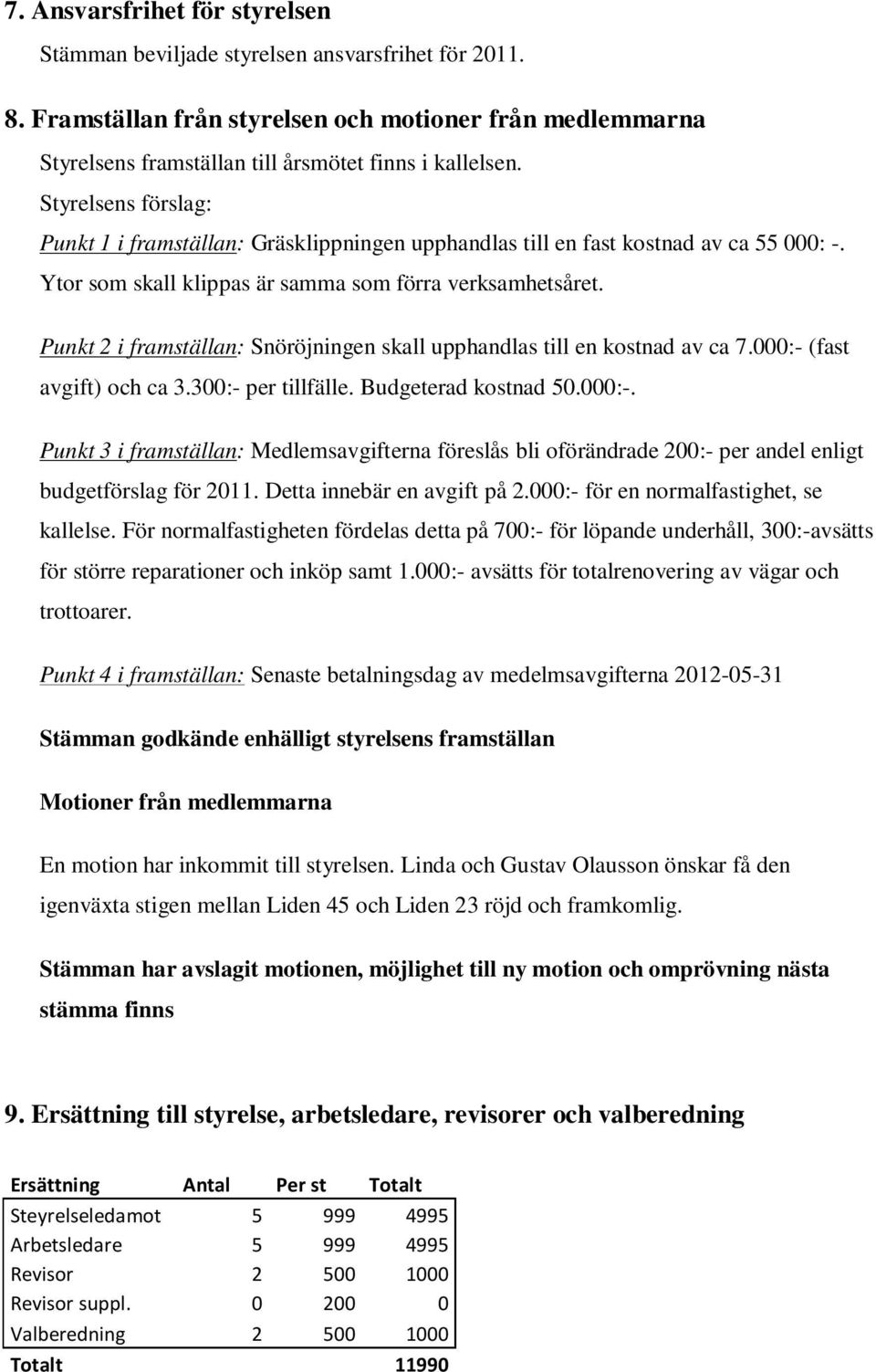 Punkt 2 i framställan: Snöröjningen skall upphandlas till en kostnad av ca 7.000:- (fast avgift) och ca 3.300:- per tillfälle. Budgeterad kostnad 50.000:-. Punkt 3 i framställan: Medlemsavgifterna föreslås bli oförändrade 200:- per andel enligt budgetförslag för 2011.