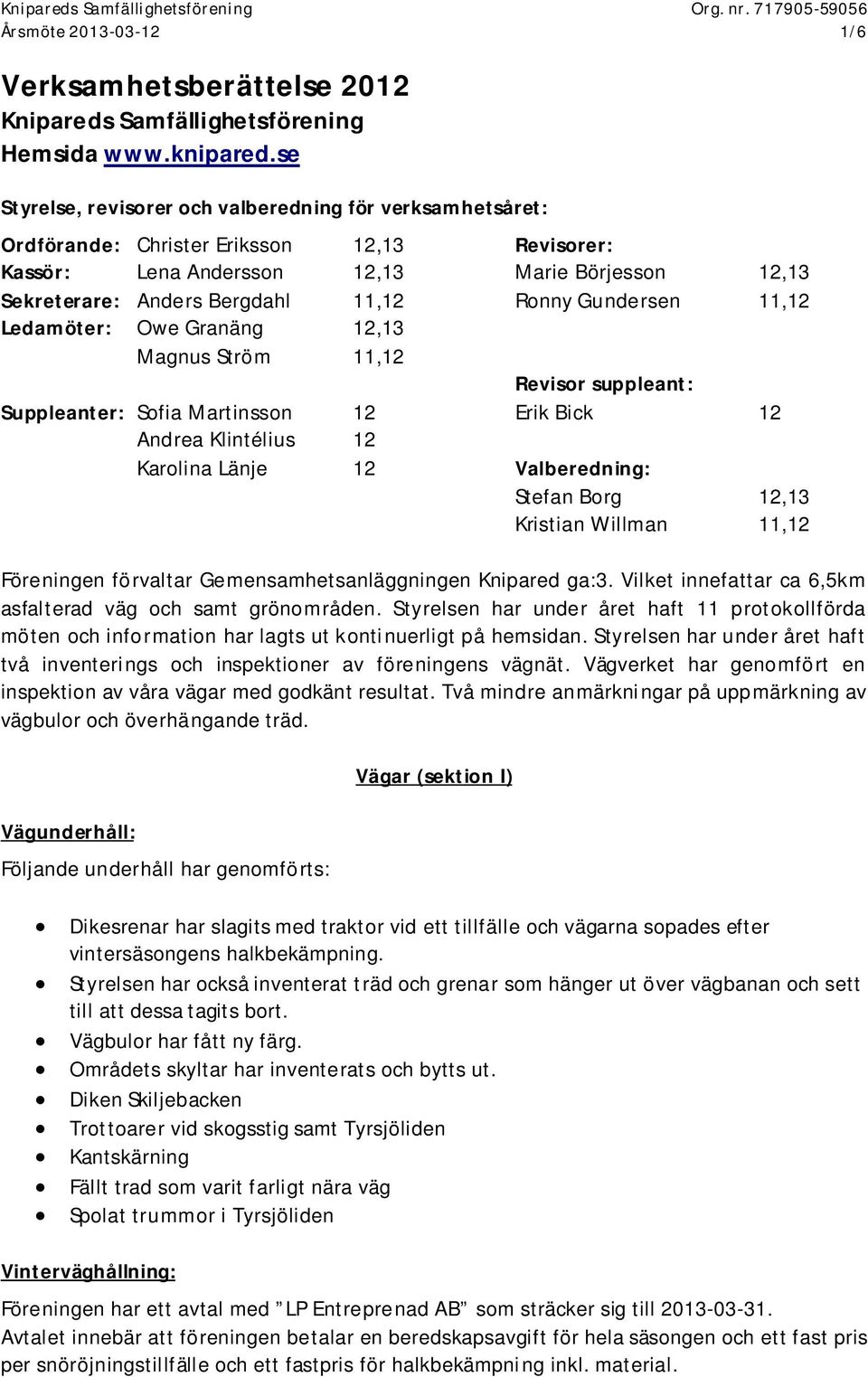 Gundersen 11,12 Ledamöter: Owe Granäng 12,13 Magnus Ström 11,12 Revisor suppleant: Suppleanter: Sofia Martinsson 12 Erik Bick 12 Andrea Klintélius 12 Karolina Länje 12 Valberedning: Stefan Borg 12,13