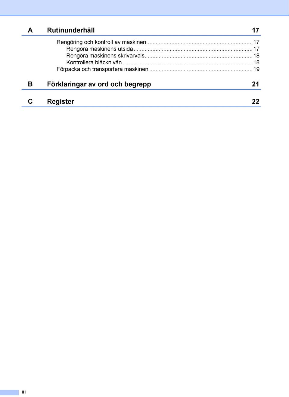 ..17 Rengöra maskinens skrivarvals...18 Kontrollera bläcknivån.