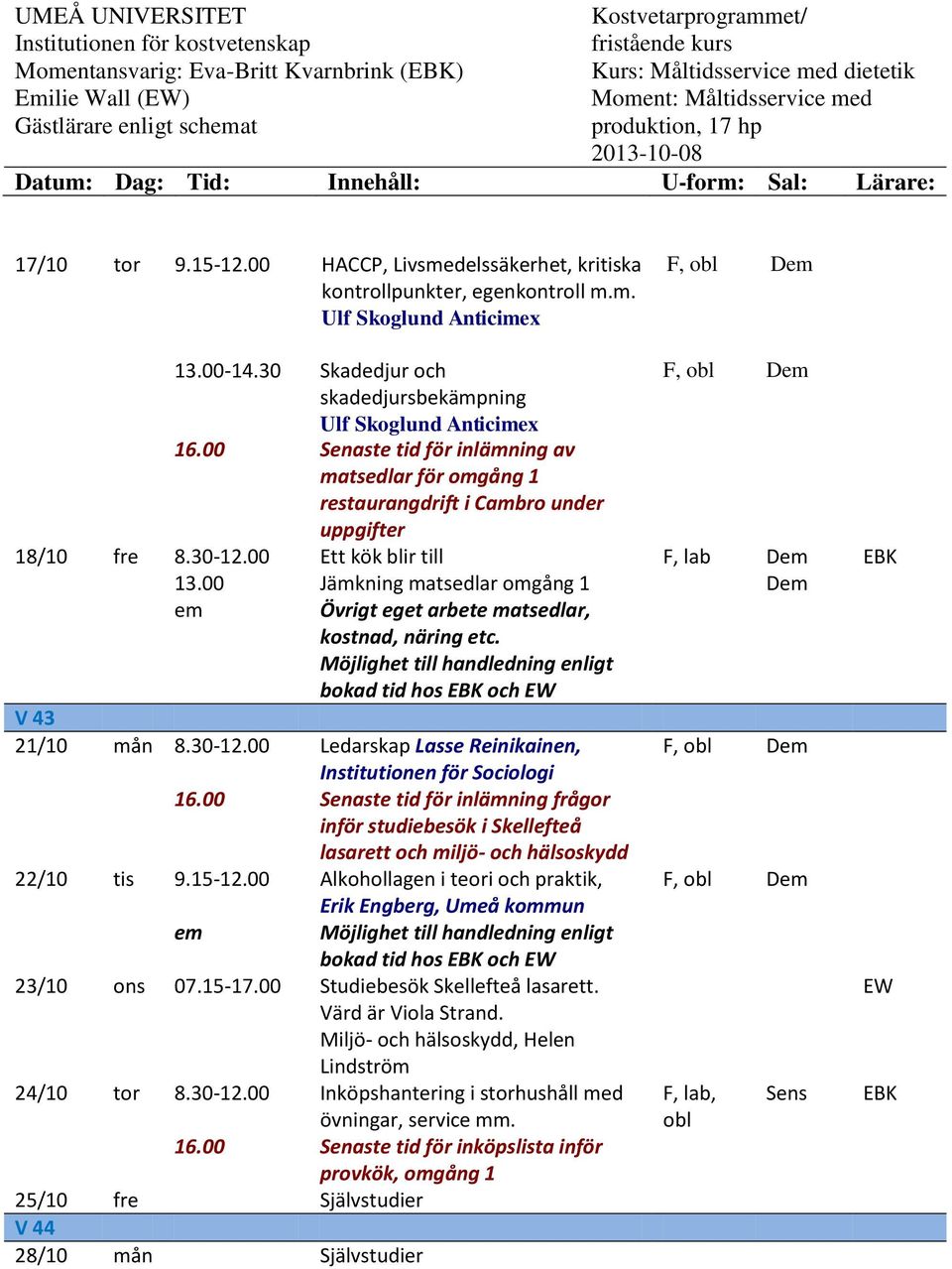 00 Ett kök blir till F, lab Dem 13.00 Jämkning matsedlar omgång 1 Dem em Övrigt eget arbete matsedlar, kostnad, näring etc. Möjlighet till handledning enligt bokad tid hos och V 43 21/10 mån 8.30-12.