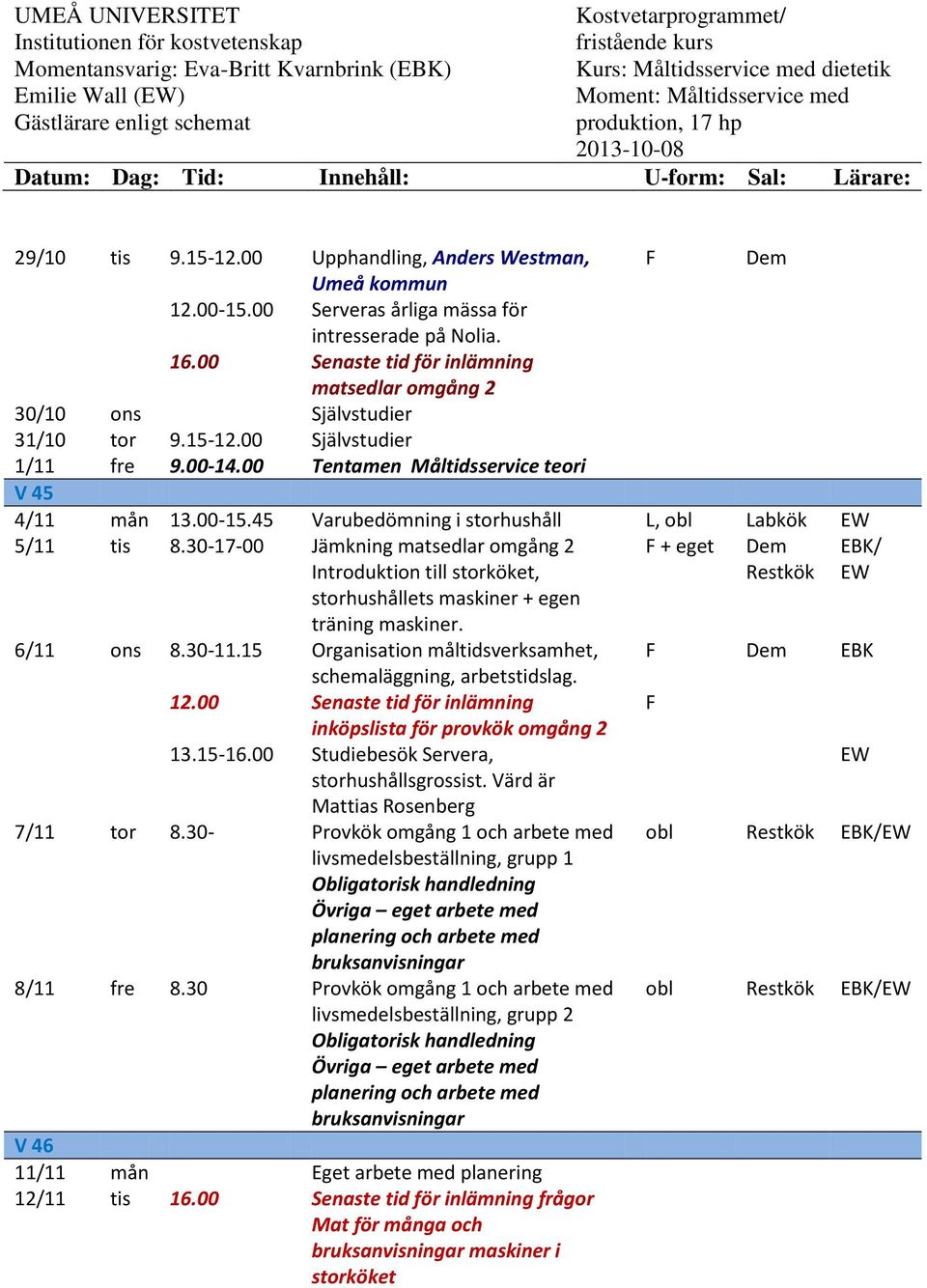 45 Varubedömning i storhushåll L, obl Labkök 5/11 tis 8.30-17-00 Jämkning matsedlar omgång 2 Introduktion till storköket, F + eget Dem Restkök / storhushållets maskiner + egen träning maskiner.