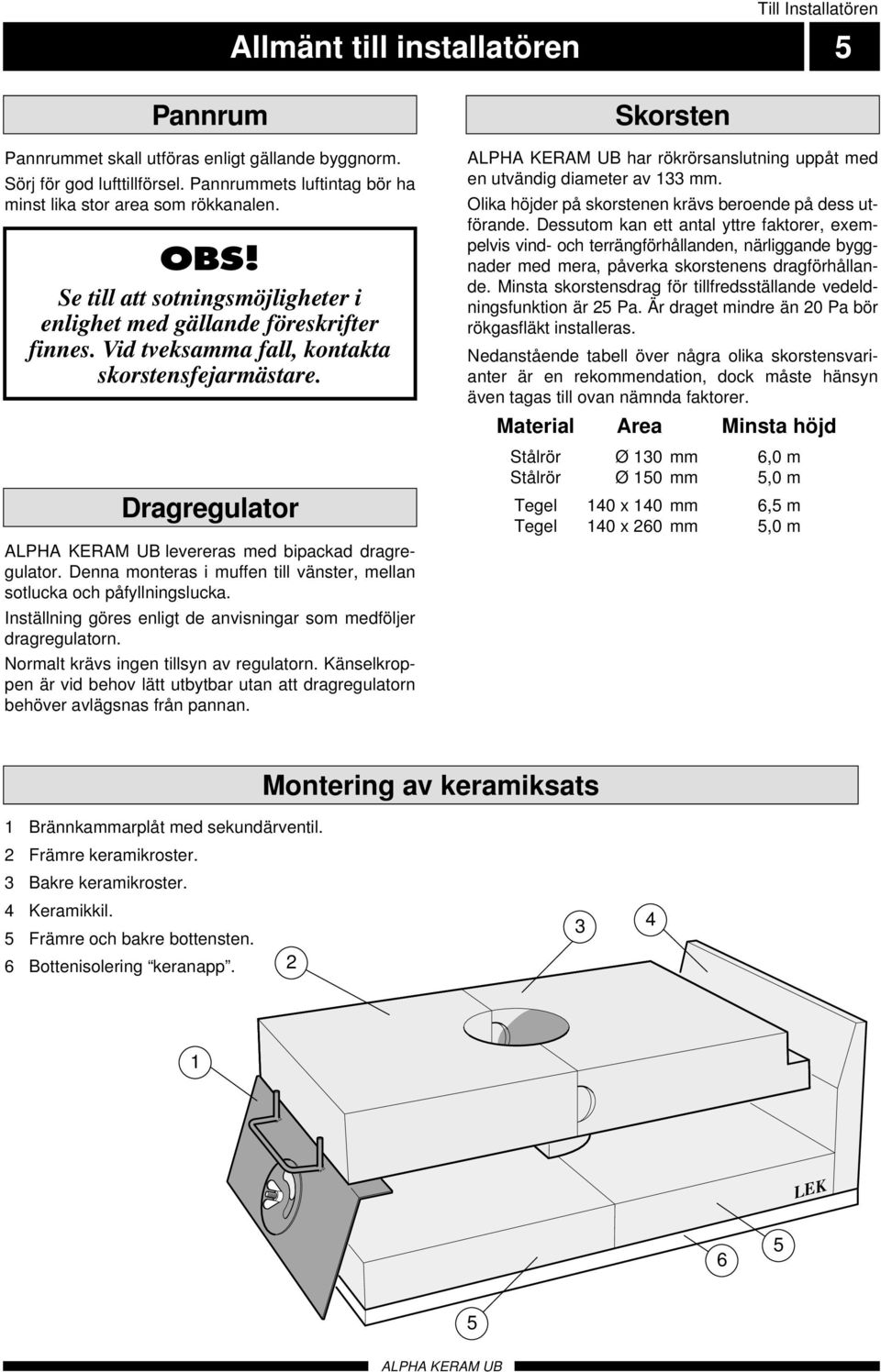 Dragregulator levereras med bipackad dragregulator. Denna monteras i muffen till vänster, mellan sotlucka och påfyllningslucka. Inställning göres enligt de anvisningar som medföljer dragregulatorn.