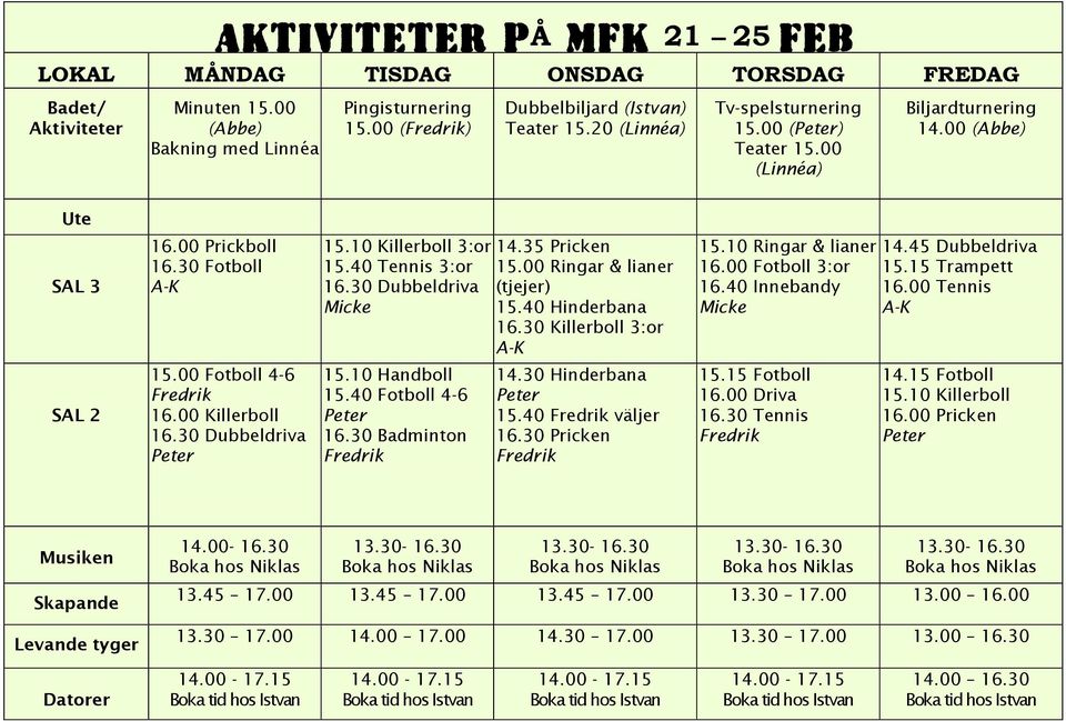 10 Killerboll 3:or 15.40 Tennis 3:or 16.30 Dubbeldriva Micke 15.10 Handboll 15.40 Fotboll 4-6 16.30 Badminton 14.35 Pricken 15.00 Ringar & lianer (tjejer) 15.40 Hinderbana 16.